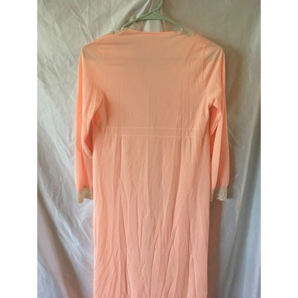 VINTAGE DREAM AWAY Peach LACE TRIM SILKY NYLON GOWN NIGHTGOWN Maxi Robe S - Picture 6 of 7